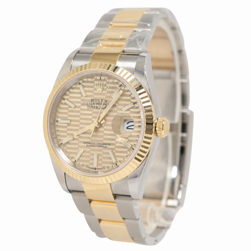NEW! Rolex Datejust Two Tone Yellow Gold and Stainless Steel 36mm Golden Stick Fluted Motif Dial Watch Reference# 126233 - Happy Jewelers Fine Jewelry Lifetime Warranty