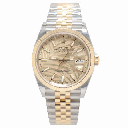 NEW! Rolex Datejust Two Tone Yellow Gold and Stainless Steel 36mm Champagne Palm Motif Stick Dial Watch Reference# 126233 - Happy Jewelers Fine Jewelry Lifetime Warranty