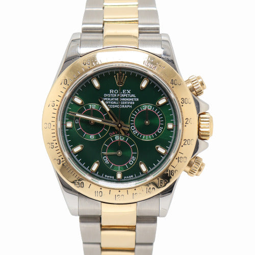 Rolex Men's Daytona Two Tone Yellow Gold and Stainless Steel 40mm Custom Green Chronograph Dial Watch Reference# 116523 - Happy Jewelers Fine Jewelry Lifetime Warranty