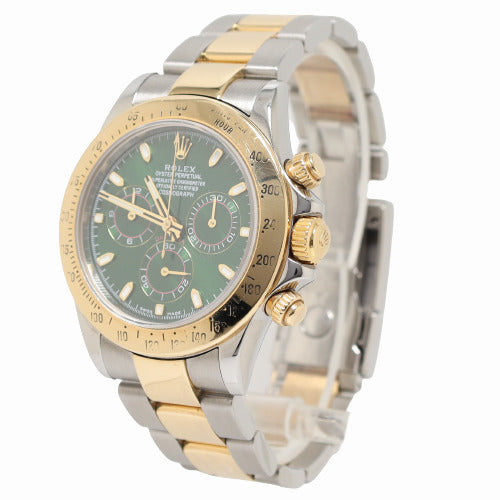 Rolex Men's Daytona Two Tone Yellow Gold and Stainless Steel 40mm Custom Green Chronograph Dial Watch Reference# 116523 - Happy Jewelers Fine Jewelry Lifetime Warranty