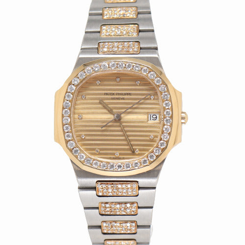 Patek Philippe Ladies Nautilus Two Tone Yellow Gold and Stainless Steel 33mm Champagne Diamond Dial Watch - Happy Jewelers Fine Jewelry Lifetime Warranty