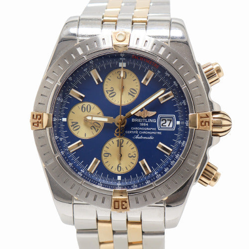 Breitling Men's Chronomat Evolution 18K Yellow Gold & Steel 43mm Blue Stick Dial Watch Reference# B13356 - Happy Jewelers Fine Jewelry Lifetime Warranty