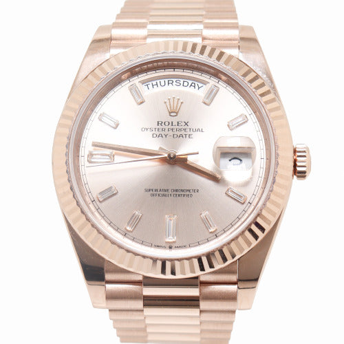 Load image into Gallery viewer, Rolex President Day-Date 40mm 18k Everose Gold Case Sundust Pink Baguette Diamond Dial Watch Reference# 228235 - Happy Jewelers Fine Jewelry Lifetime Warranty
