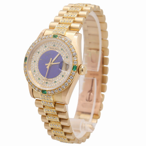 Rolex Ladies Datejust 31mm, 18k Yellow gold, Iced Out, Custom Pave Lapis Dial Reference# 68278 - Happy Jewelers Fine Jewelry Lifetime Warranty