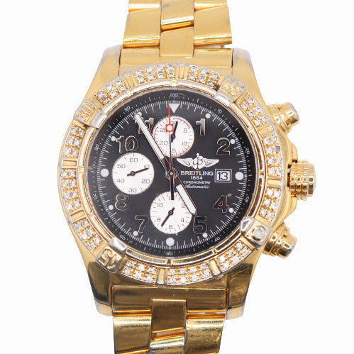 Breitling Men's Super Avenger Stainless Steel Custom Gold Plated 48mm Black Chronograph Dial Watch Reference# A13370 - Happy Jewelers Fine Jewelry Lifetime Warranty