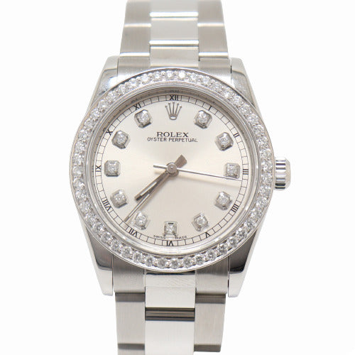 Rolex Ladies Oyster Perpetual Stainless Steel 31mm Custom Silver Diamond Dial Reference# 77014 - Happy Jewelers Fine Jewelry Lifetime Warranty