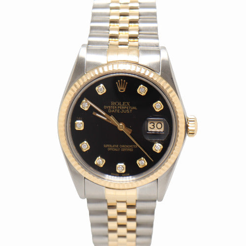 Load image into Gallery viewer, Rolex Datejust Yellow Gold &amp;amp; Stainless Steel 36mm Custom Black Diamond Dial Watch Reference# 16013 - Happy Jewelers Fine Jewelry Lifetime Warranty

