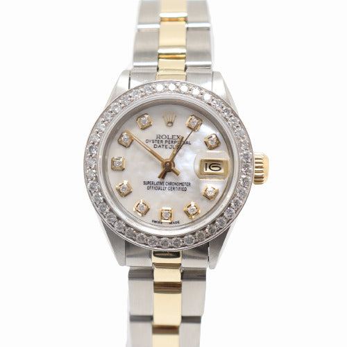 Rolex Ladies Datejust Two Tone Yellow Gold and Stainless Steel 26mm Custom White MOP Diamond Dial Watch Reference# 69173 - Happy Jewelers Fine Jewelry Lifetime Warranty