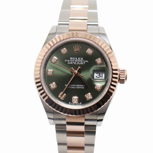 Rolex Ladies Datejust Everose & Stainless Steel 28mm Olive Diamond Dial Watch Reference# 279171 - Happy Jewelers Fine Jewelry Lifetime Warranty