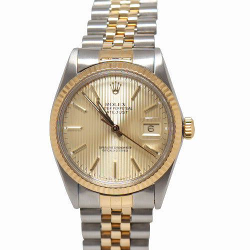 Load image into Gallery viewer, Rolex Datejust Yellow Gold &amp;amp; Stainless Steel 36mm Champagne Tapestry Dial Watch Reference# 16013 - Happy Jewelers Fine Jewelry Lifetime Warranty
