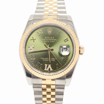 Rolex Datejust Yellow Gold & Stainless Steel 36mm Green Roman Dial Watch Reference# 116233 - Happy Jewelers Fine Jewelry Lifetime Warranty