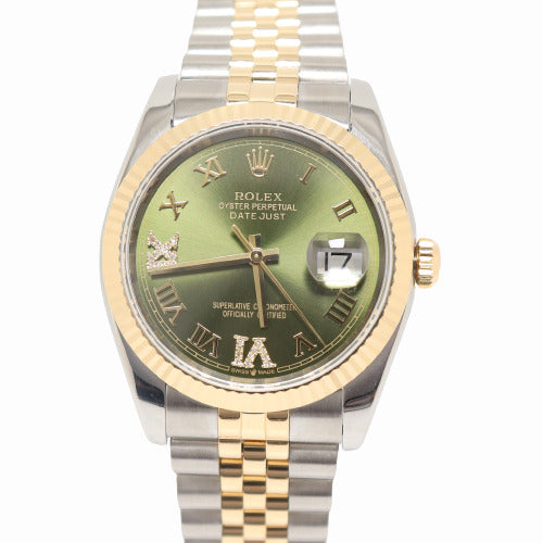 Rolex Datejust Yellow Gold & Stainless Steel 36mm Green Roman Dial Watch Reference# 116233 - Happy Jewelers Fine Jewelry Lifetime Warranty