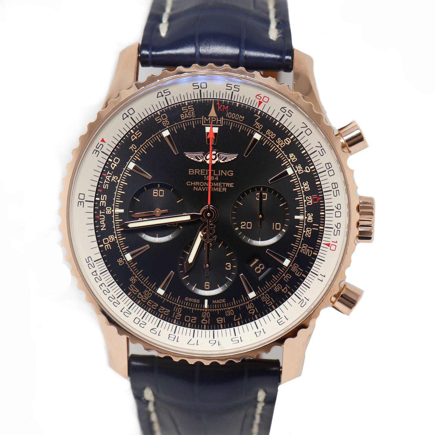 Breitling Mens Navitimer Rose Gold 46mm Black Chronograph Dial Watch Reference# RB0127 - Happy Jewelers Fine Jewelry Lifetime Warranty