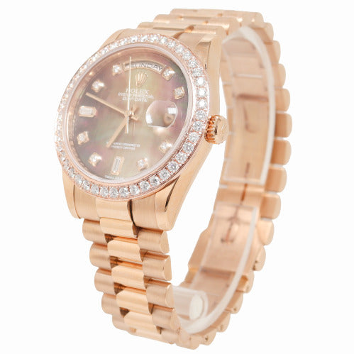 Rolex Day-Date Rose Gold 36mm Black MOP Diamond Dial Watch Reference# 118205 - Happy Jewelers Fine Jewelry Lifetime Warranty