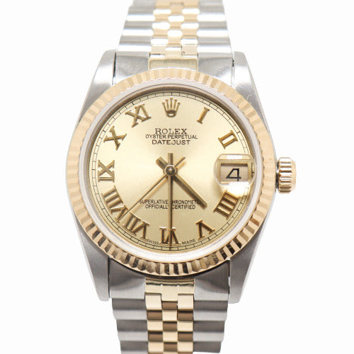 Rolex Datejust Yellow Gold Stainless Steel 31mm Champagne Roman Dial Watch Reference 68273