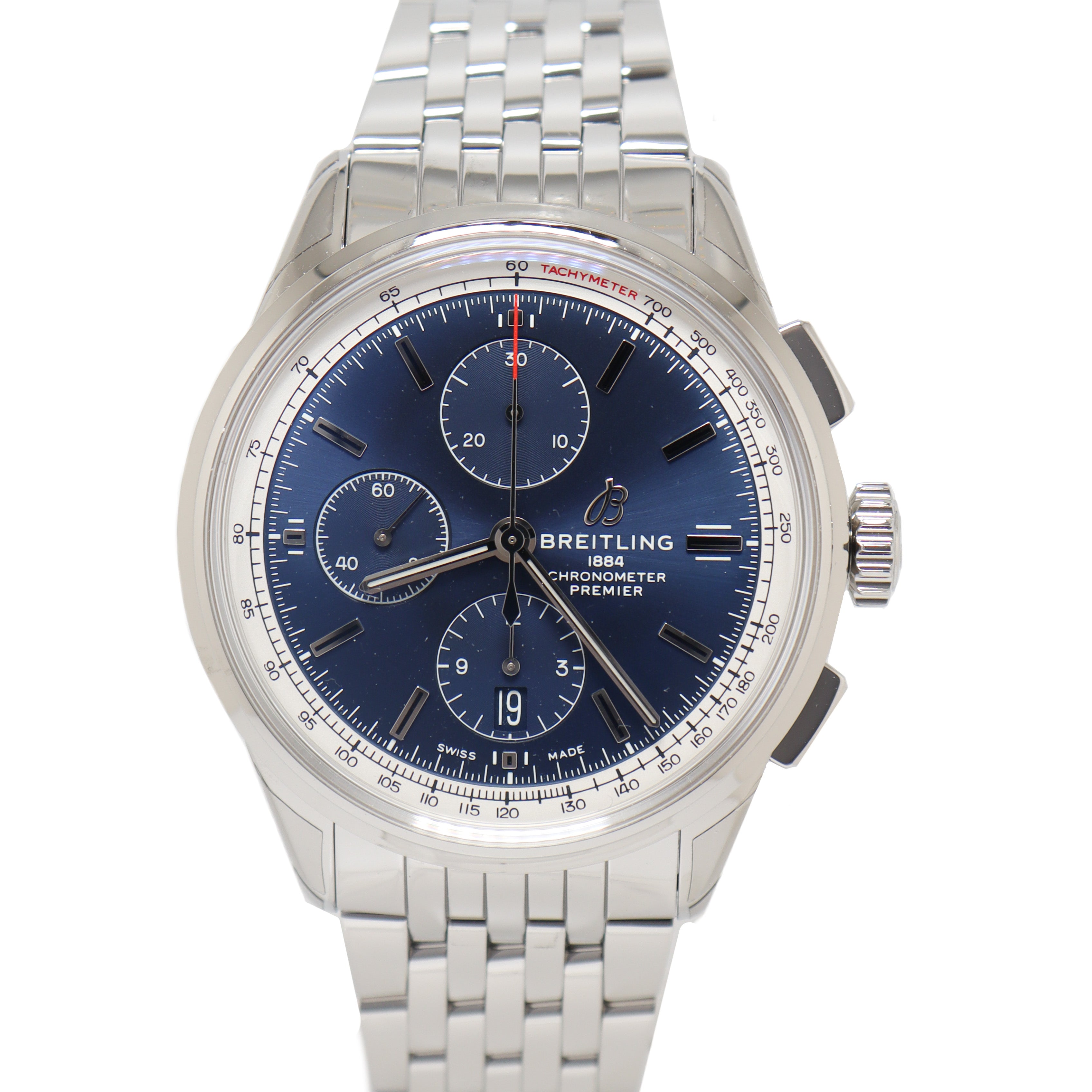 Breitling Premier Stainless Steel 42mm Blue Chronograph Dial Watch Reference# A13315 - Happy Jewelers Fine Jewelry Lifetime Warranty