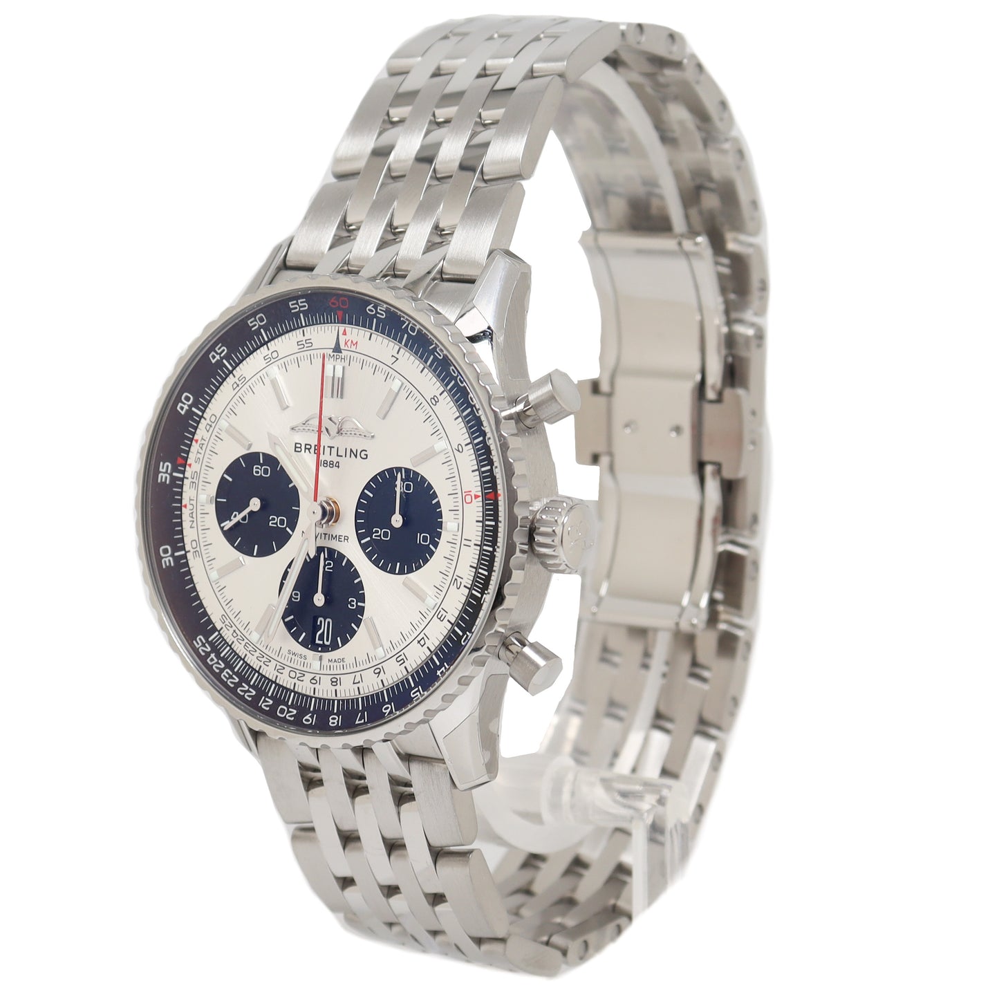 Breitling Navitimer Stainless Steel 43mm Silver Chronograph Dial Watch Reference# AB0138 - Happy Jewelers Fine Jewelry Lifetime Warranty
