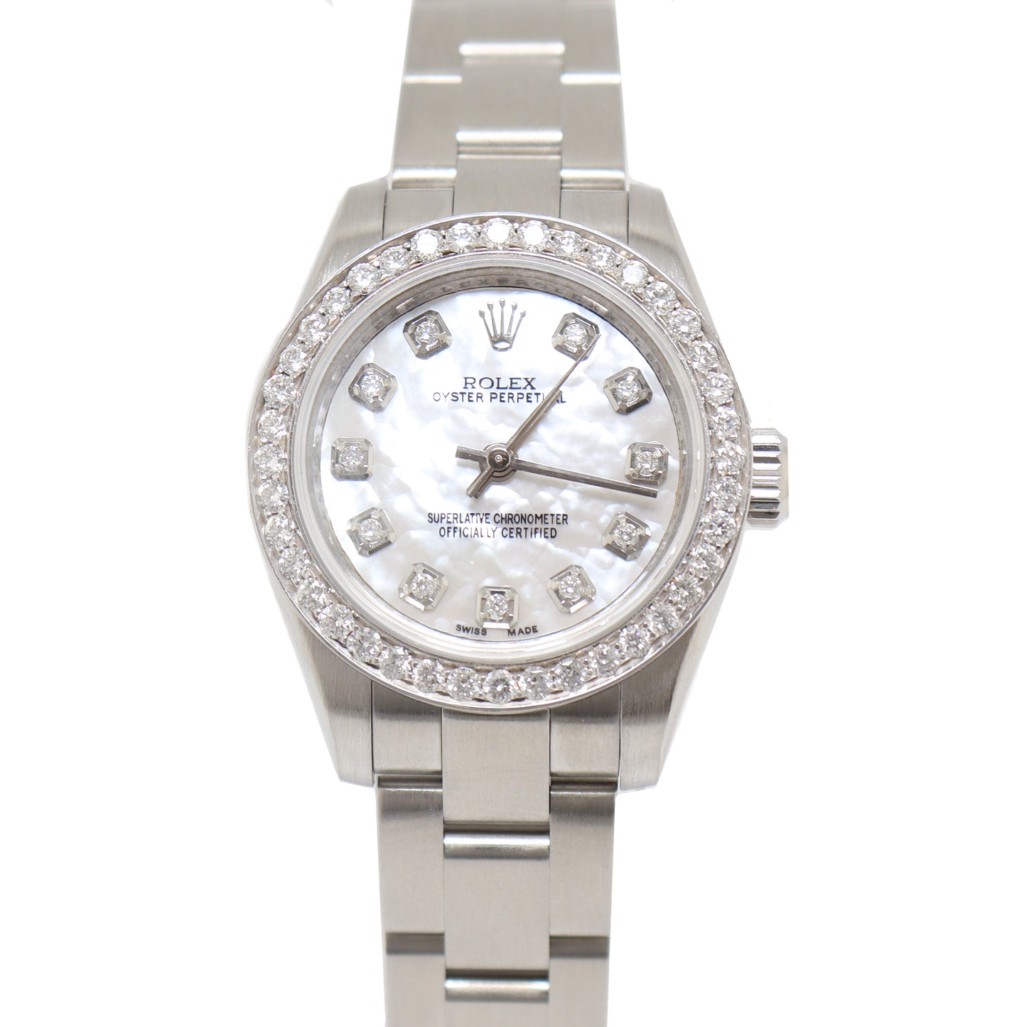 Rolex Ladies Oyster Perpetual Stainless Steel 26mm Custom White MOP Diamond Dial Watch Reference# 176210 - Happy Jewelers Fine Jewelry Lifetime Warranty