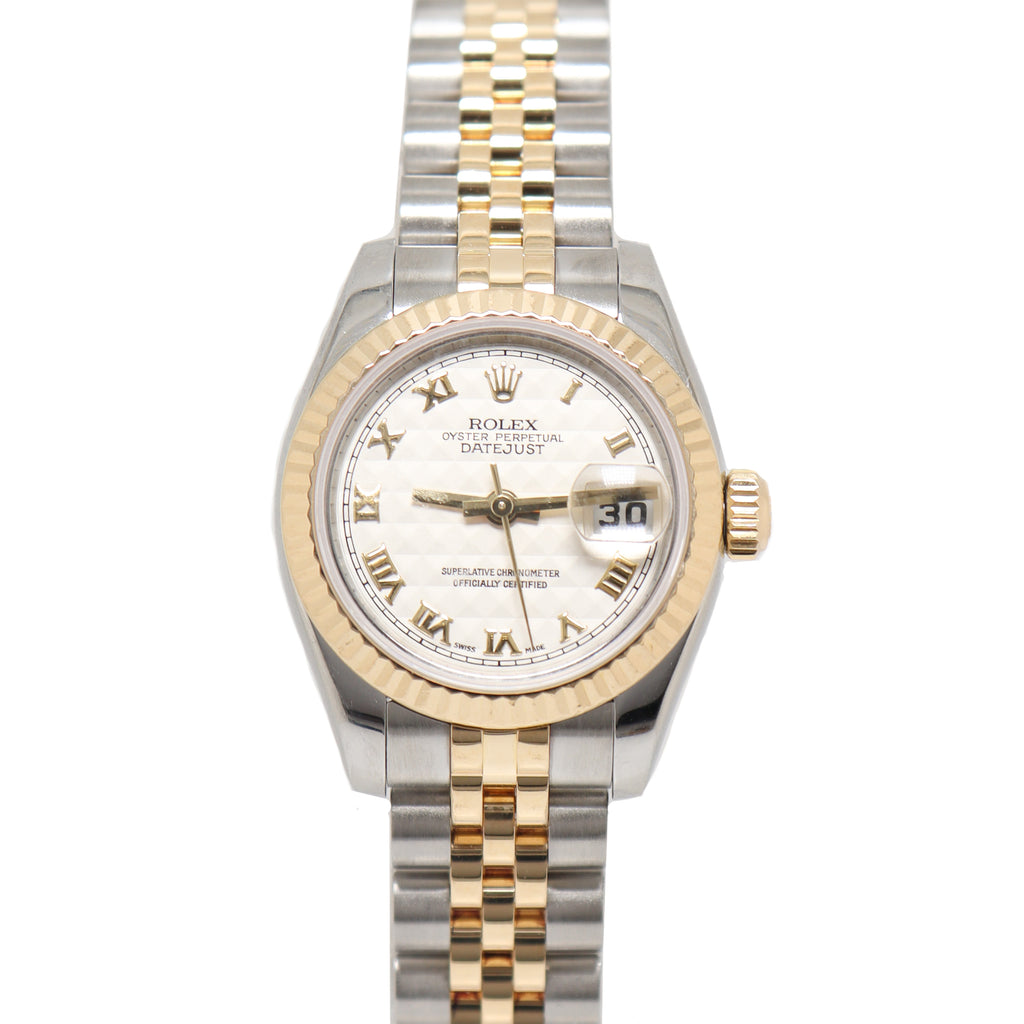 Rolex Ladies Datejust Yellow Gold and Stainless Steel 26mm Ivory Pyramid Roman Dial Reference# 179173 - Happy Jewelers Fine Jewelry Lifetime Warranty