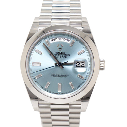 Rolex Men's Day Date Platinum 40mm Ice Blue Baguette Diamond Dial Watch Ref# 228206 - Happy Jewelers Fine Jewelry Lifetime Warranty
