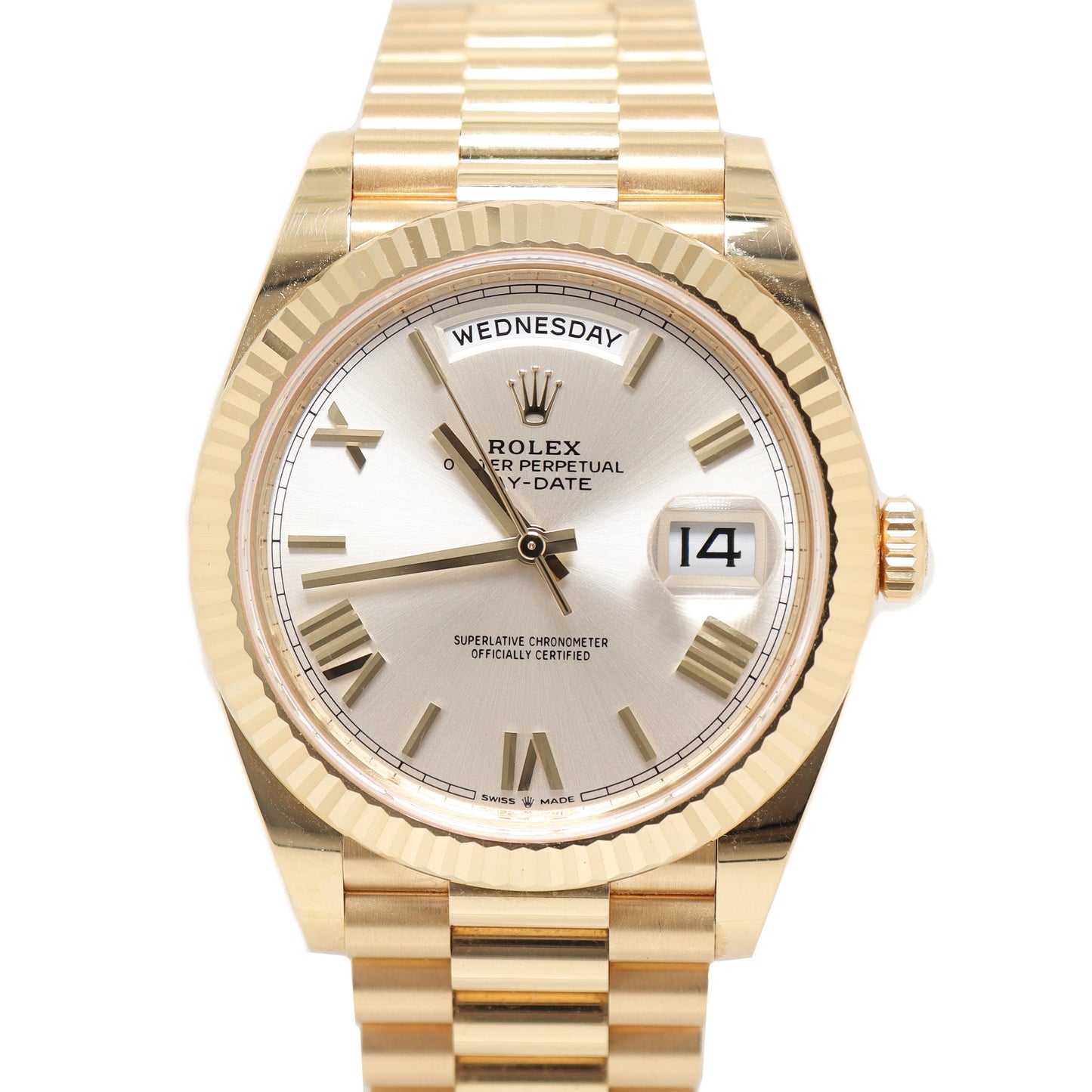 Rolex Men's Day Date Yellow Gold 40mm Silver Roman Dial Watch Reference# - Happy Jewelers Fine Jewelry Lifetime Warranty