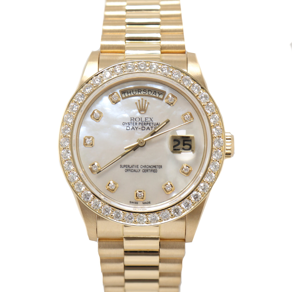 Rolex Day Date Yellow Gold 36mm Custom White MOP Diamond Dial Watch Reference# 18038 - Happy Jewelers Fine Jewelry Lifetime Warranty