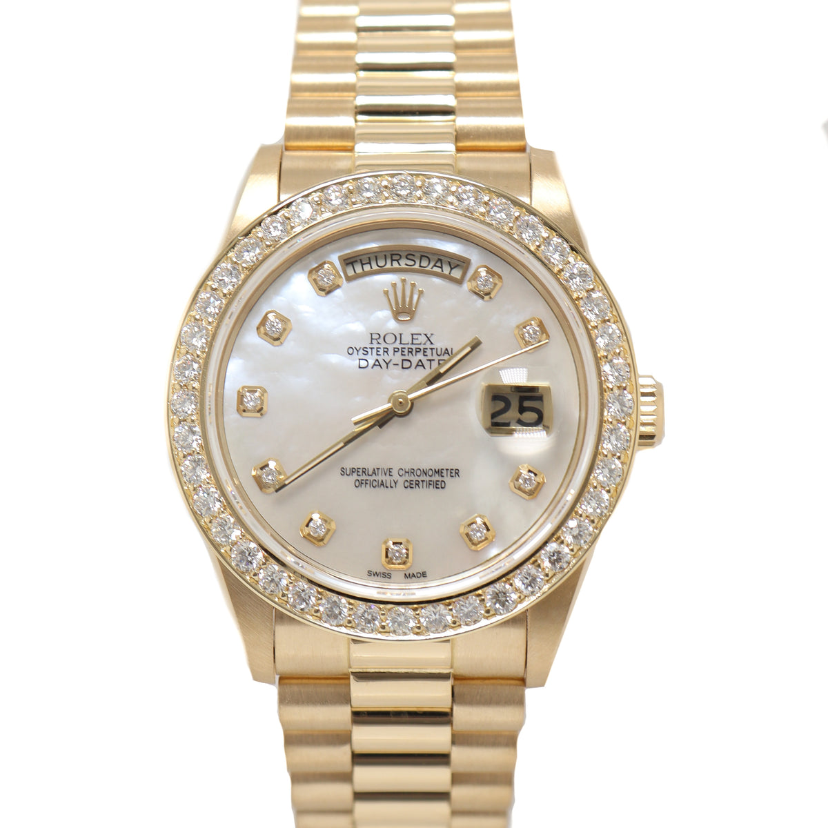 Rolex Day Date Yellow Gold 36mm Custom White MOP Diamond Dial Watch Re ...