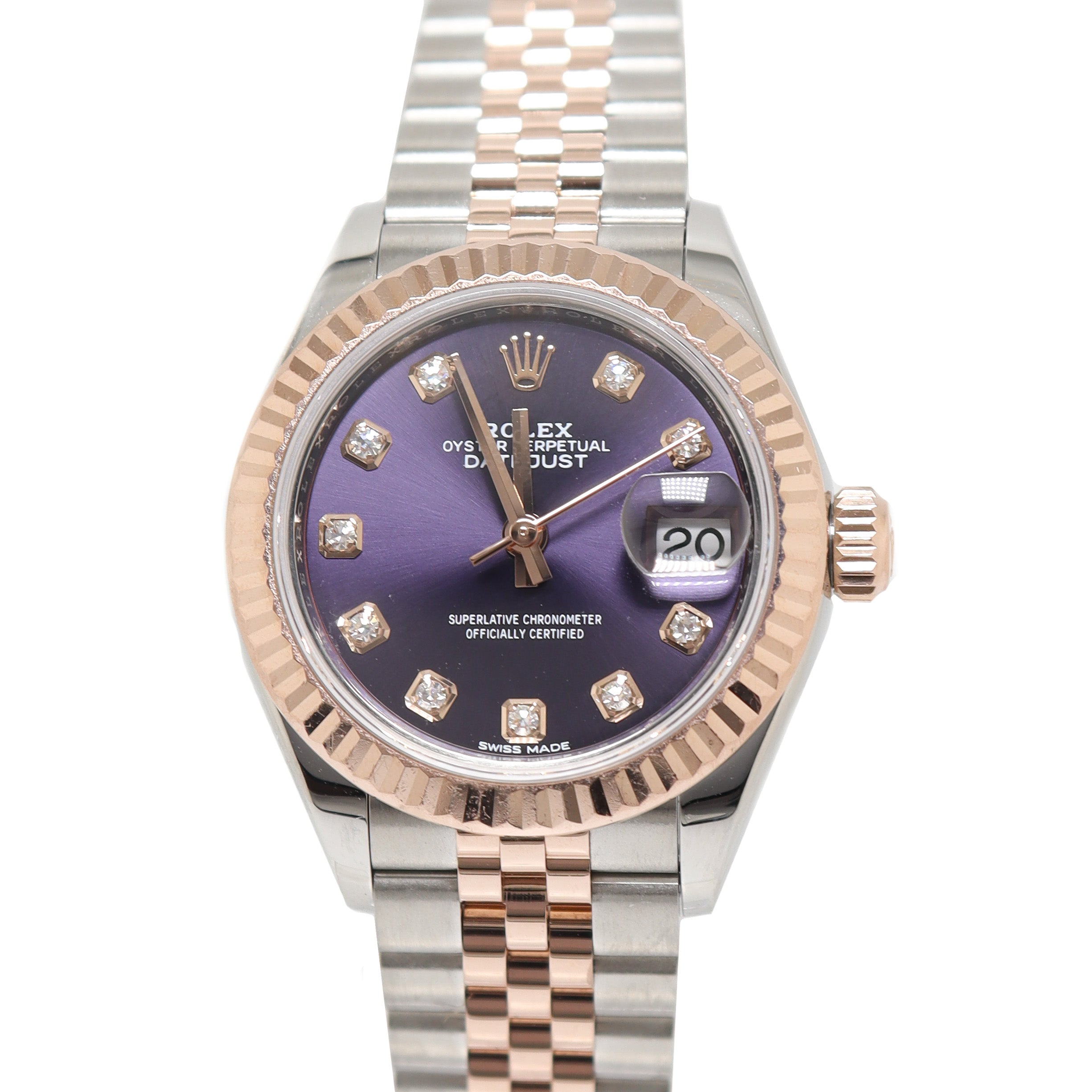 Rolex Ladis Datejust Everose & Stainless Steel 28m Purple Diamond Dial Watch Reference# 279171 - Happy Jewelers Fine Jewelry Lifetime Warranty