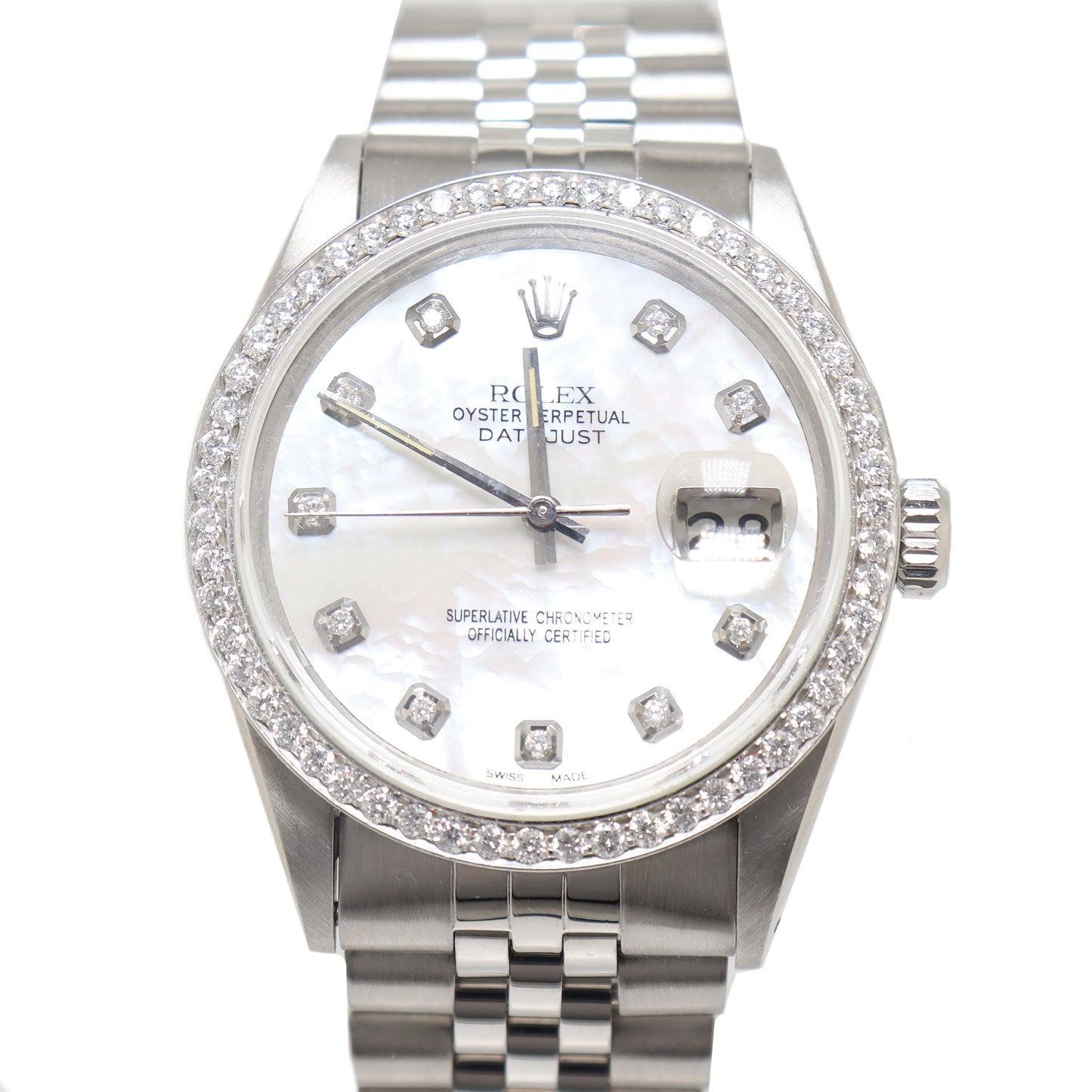 Rolex Day Date Stainless Steel 36mm Custom White MOP Diamond Dial Watch Reference# 16030 - Happy Jewelers Fine Jewelry Lifetime Warranty