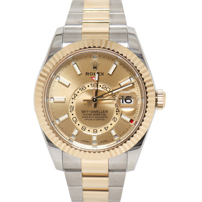 Rolex Men's Sky-Dweller 18K Yellow Gold & Steel 42mm Champagne Stick Dial Watch Reference# 326933 - Happy Jewelers Fine Jewelry Lifetime Warranty