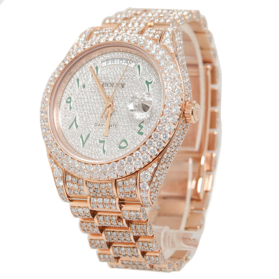 Rolex Men's Day-Date Rose Gold Fully Iced Out Pave Set Diamond Dial w/ Arabic Hour Markers Reference# 218235 - Happy Jewelers Fine Jewelry Lifetime Warranty