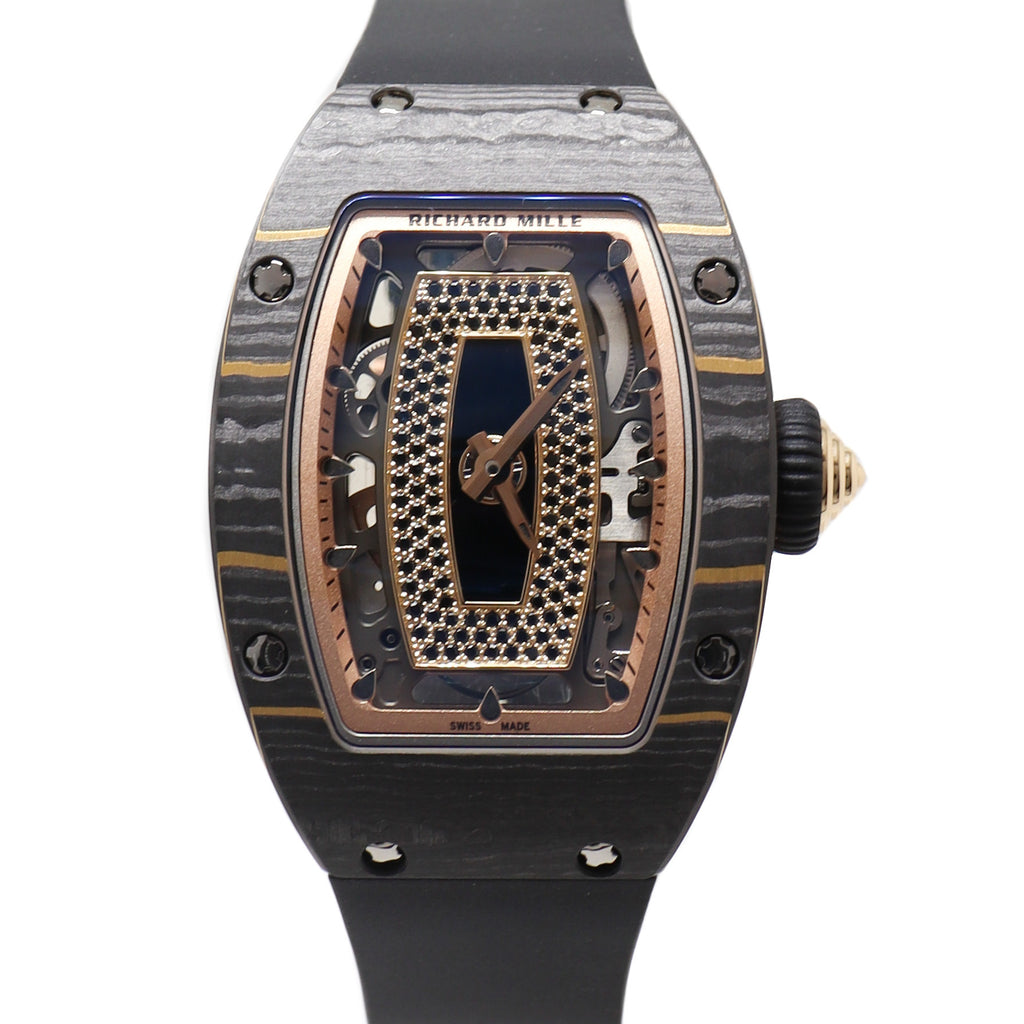 Ladies Richard Mille RM 07-01 Carbon TPT 45.66 x 31.40mm Skeleton Dial with Black Sapphires Reference# RM 07-01 - Happy Jewelers Fine Jewelry Lifetime Warranty