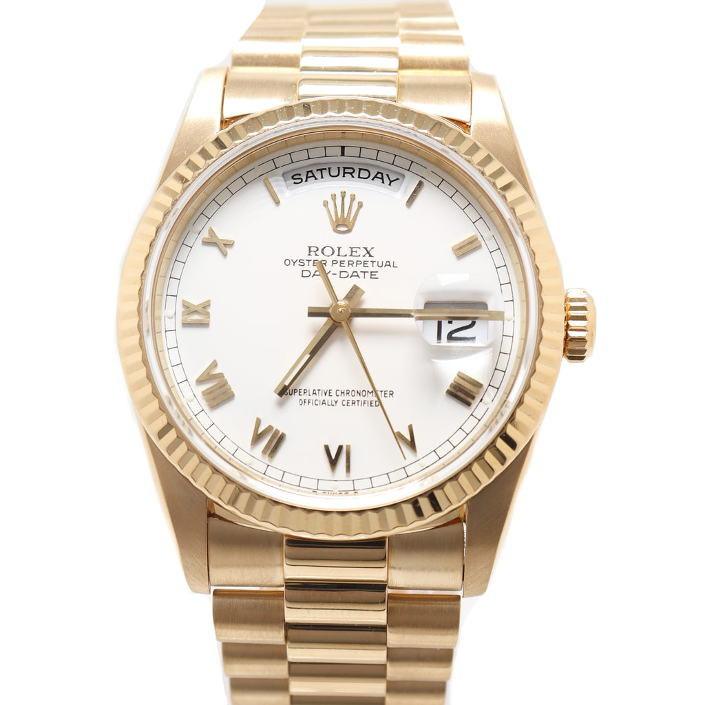 Rolex Day Date Yellow Gold 36mm White Roman Dial Watch Reference# 18238 - Happy Jewelers Fine Jewelry Lifetime Warranty
