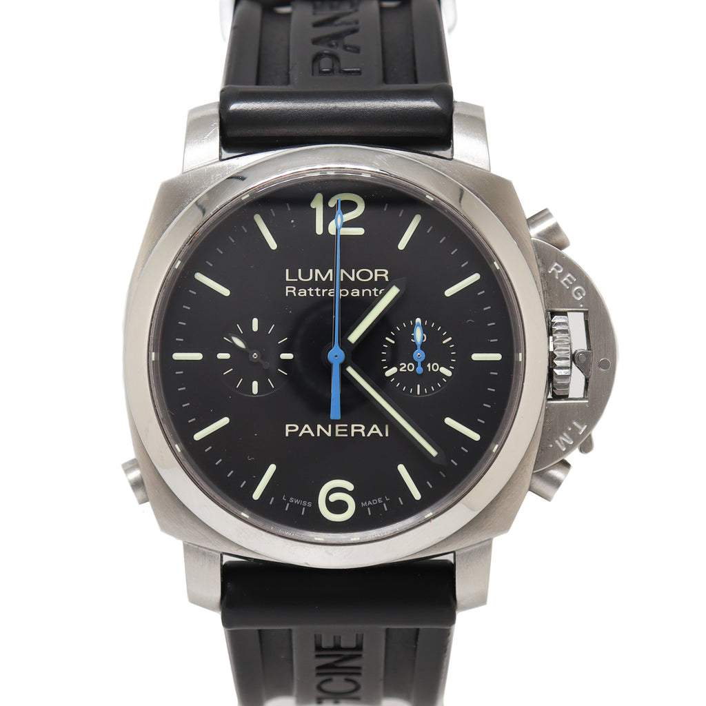 Panerai Men's Luminor 1950 Rattrapante Stainless Steel 44mm Black Stick & Arabic Numeral Dial Watch Reference #: PAM00362 - Happy Jewelers Fine Jewelry Lifetime Warranty