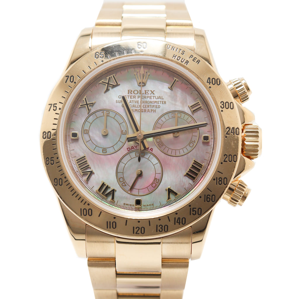 Rolex Mens Daytona Yellow Gold Dark MOP Roman Chronograph Dial Watch Reference# 116528 - Happy Jewelers Fine Jewelry Lifetime Warranty