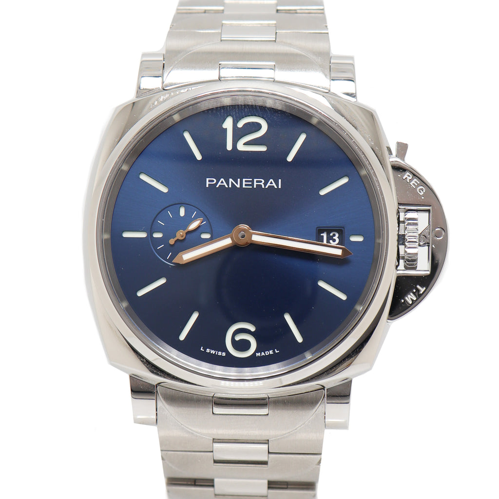 Panerai Men's Luminor Due Stainless Steel 42mm Blue Dial Stick Dial Watch Reference# PAM01124 - Happy Jewelers Fine Jewelry Lifetime Warranty