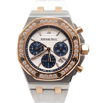 Audemars Piguet Ladies Two Tone Pink Gold and Stainless Steel 37mm White Chronograph Dial w/ Blue Subdials Watch Reference# - Happy Jewelers Fine Jewelry Lifetime Warranty