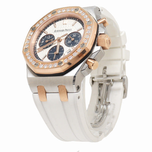 Audemars Piguet Ladies Two Tone Pink Gold and Stainless Steel 37mm White Chronograph Dial w/ Blue Subdials Watch Reference# - Happy Jewelers Fine Jewelry Lifetime Warranty