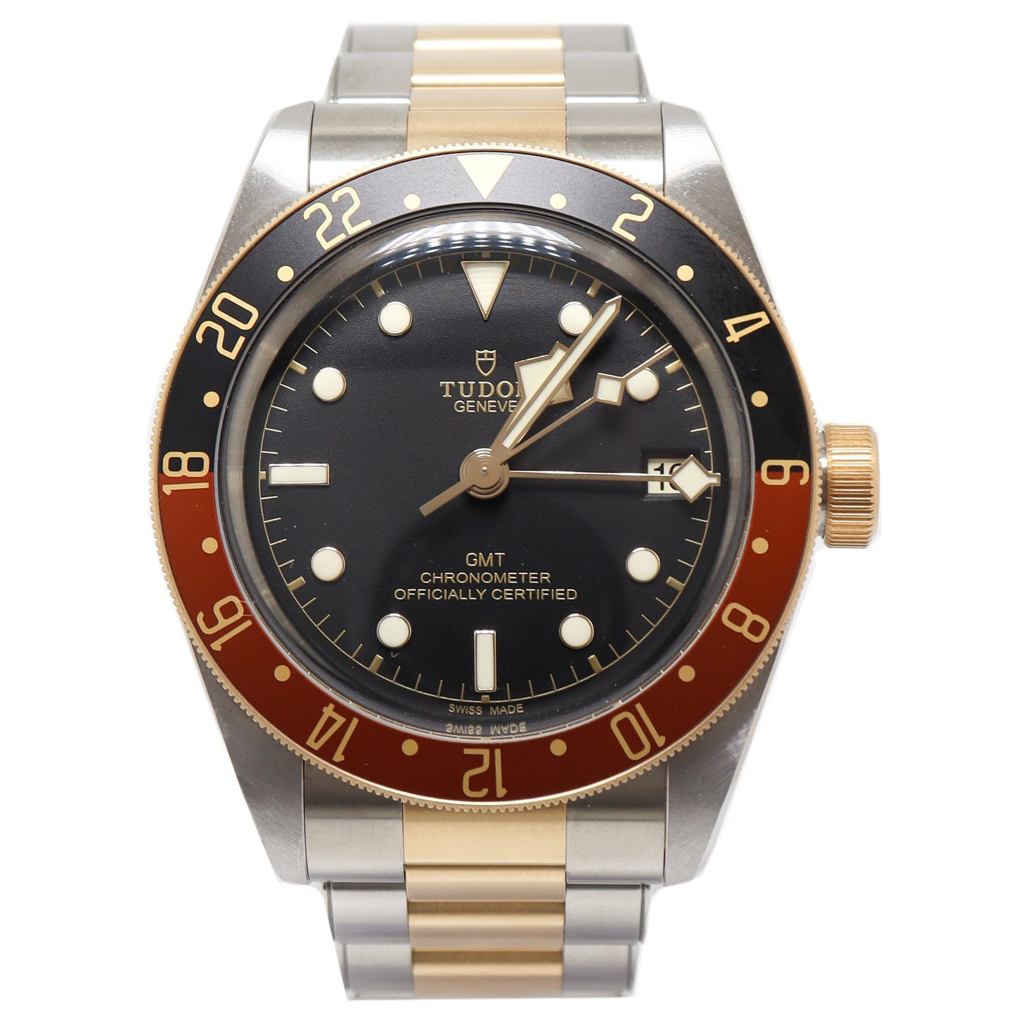 Tudor Mens Black Bay GMT "Rootbeer" Stainless Steel and Yellow Gold 41mm Black Dot Dial Watch Reference# 79833MN - Happy Jewelers Fine Jewelry Lifetime Warranty