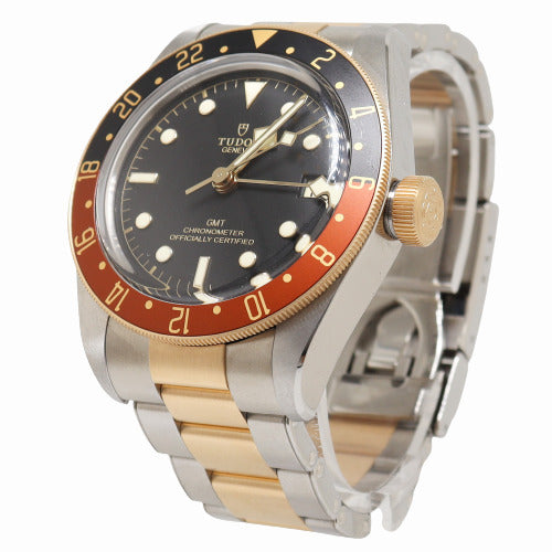 Tudor Mens Black Bay GMT "Rootbeer" Stainless Steel and Yellow Gold 41mm Black Dot Dial Watch Reference# 79833MN - Happy Jewelers Fine Jewelry Lifetime Warranty