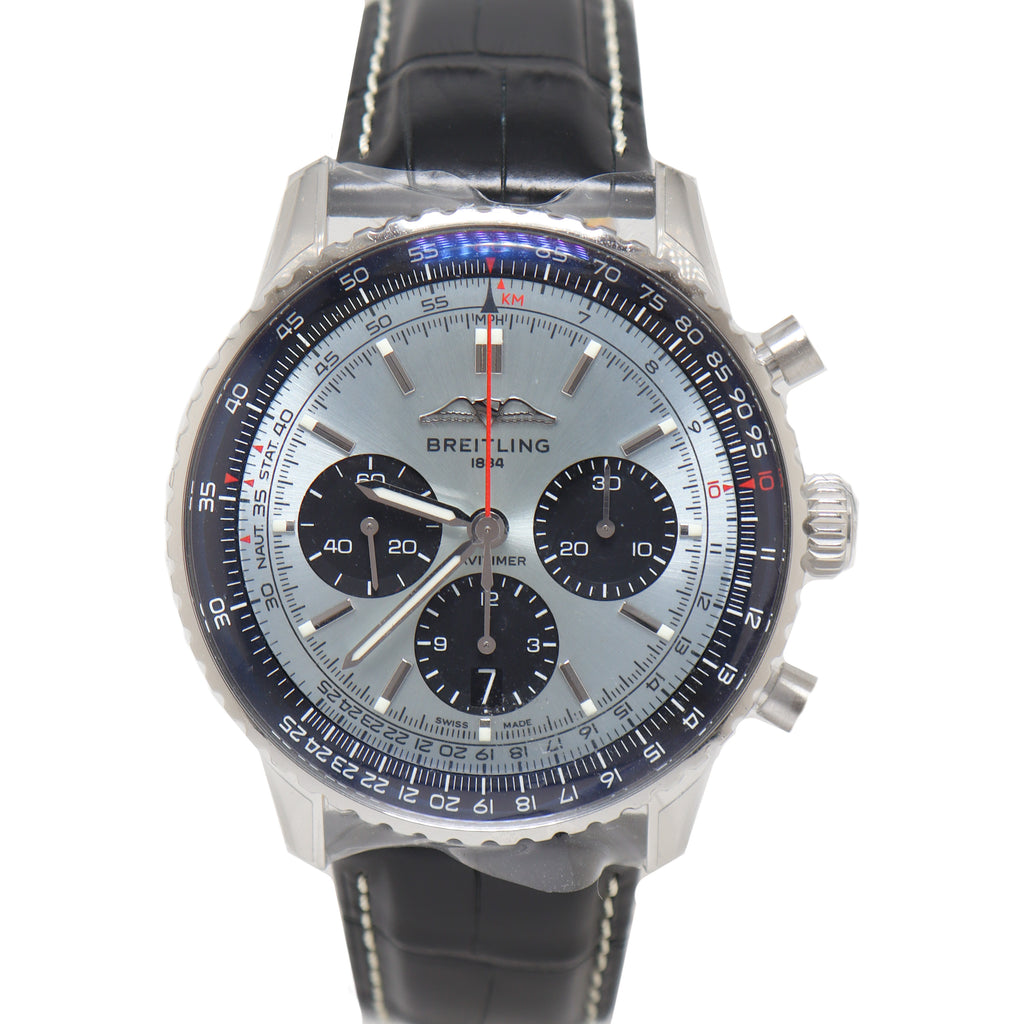 Breitling Mens Navitimer B01 Stainless Steel 43mm Ice Blue Chronograph Dial Watch Reference# AB0138241C1P1 - Happy Jewelers Fine Jewelry Lifetime Warranty