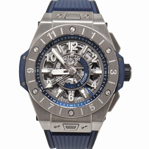 Hublot Men's Big Bang Unico GMT Titanium 45mm Blue and Anthracite Grey Skeleton Dial Watch Reference# 471.NX.7112.RX - Happy Jewelers Fine Jewelry Lifetime Warranty