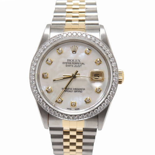 Rolex Datejust Yellow Gold & Stainless Steel 36mm Custom White MOP Diamond Dial Watch Reference# 16233 - Happy Jewelers Fine Jewelry Lifetime Warranty