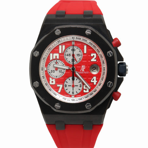 Audemars Piguet Mens Royal Oak Offshore Black Coated Stainless Steel 44mm Red Chronograph Dial Watch - Happy Jewelers Fine Jewelry Lifetime Warranty