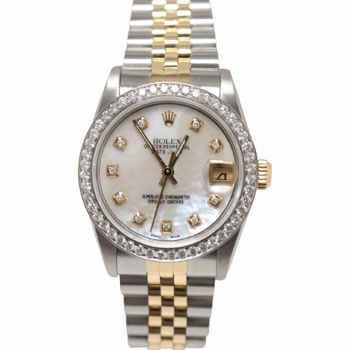 Rolex Ladies Datejust Yellow Gold & Stainless Steel 31mm Custom White MOP Diamond Dial Watch Reference# 68273 - Happy Jewelers Fine Jewelry Lifetime Warranty