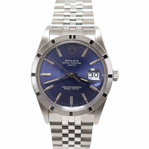 Rolex Oyster Perpetual Date Stainless Steel 34mm Blue Stick Dial Watch Reference# 15010 - Happy Jewelers Fine Jewelry Lifetime Warranty