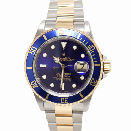 Rolex Men's Submariner Two Tone Yellow Gold and Stainless Steel 40mm Blue Dot Dial Watch Reference# 16613LB - Happy Jewelers Fine Jewelry Lifetime Warranty