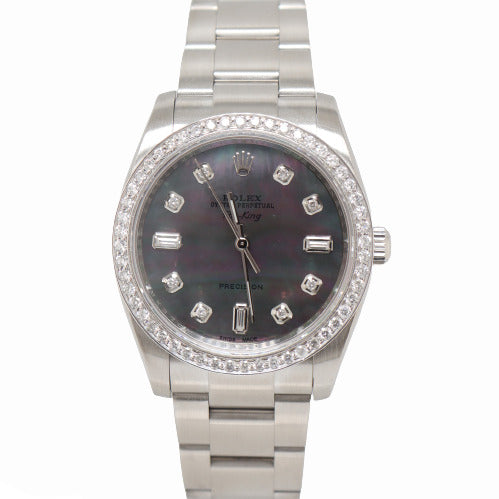 Rolex Mens Air King Stainless Steel 34MM Custom Dark MOP Diamond Dial Watch Reference# 114200 - Happy Jewelers Fine Jewelry Lifetime Warranty
