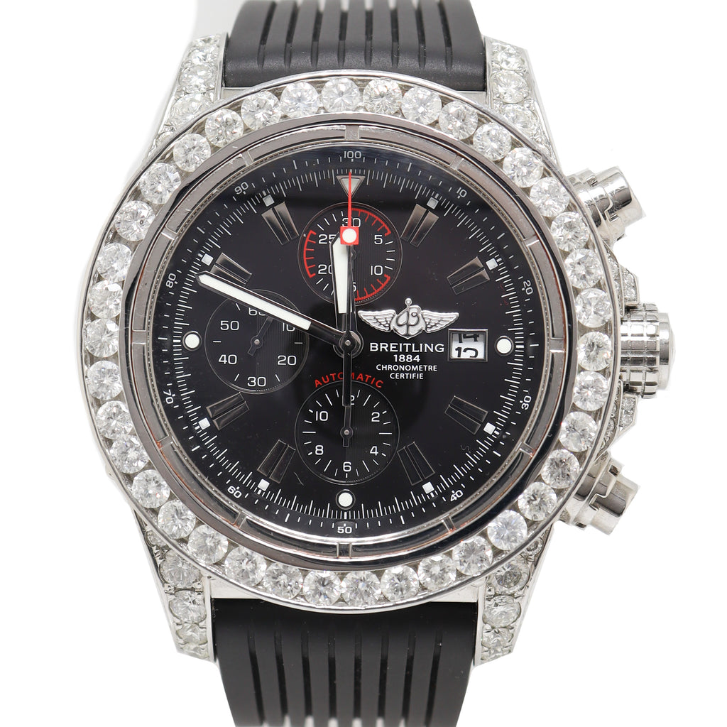 Breitling Mens Super Avenger Custom Iced Out Stainless Steel 48mm Black Chronograph Dial Watch Reference# A13370 - Happy Jewelers Fine Jewelry Lifetime Warranty