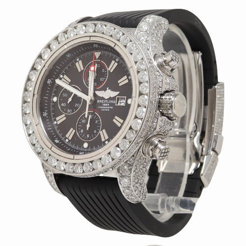 Breitling Mens Super Avenger Custom Iced Out Stainless Steel 48mm Black Chronograph Dial Watch Reference# A13370 - Happy Jewelers Fine Jewelry Lifetime Warranty